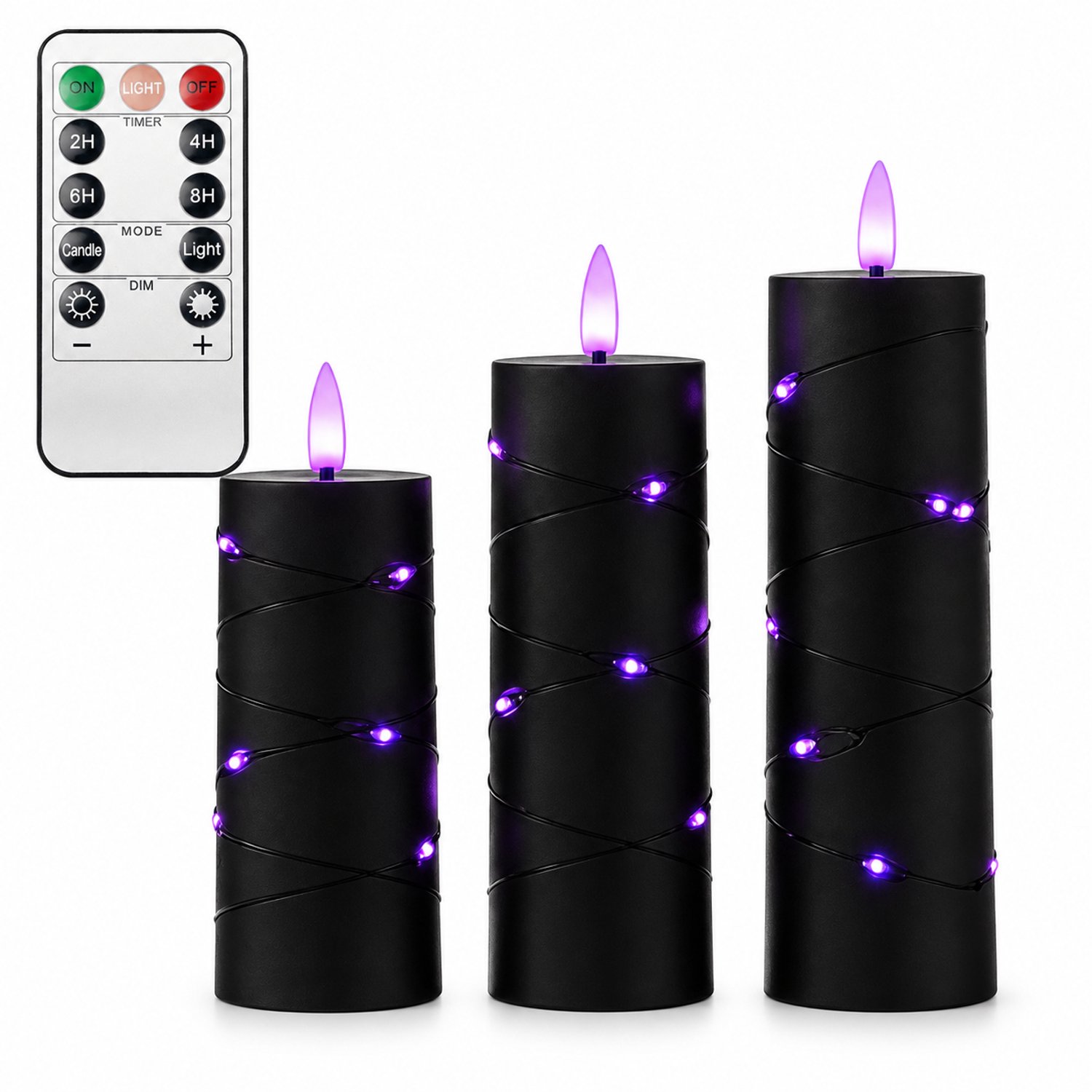 SWGOTA led kaarsen, 3 stuks per doos, zwart met paars licht en lichtsnoer aan de buitenkant, inclusief afstandsbediening