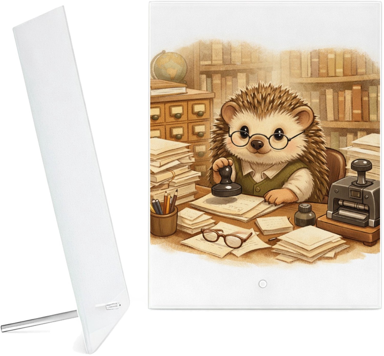 Mr Cadeautjes Glazen fotopaneel Een egel als bibliothecaris tussen hoge boekenkasten, met te - 15 x 20 cm, staand - glas, decoratie, wanddecoratie | cadeau Wit