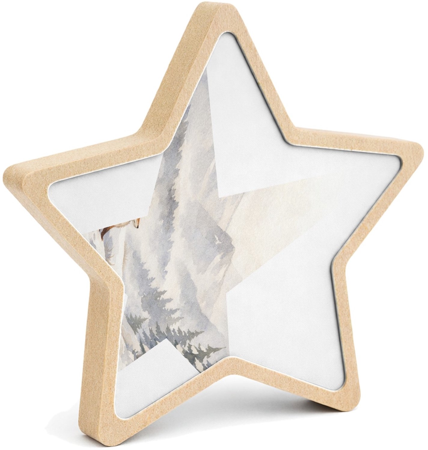 Mr Cadeautjes MDF fotolijst ster 14 x 13,5 - design Een bergwinter-scène met een vos die op een besneeuwde helli | cadeau Wit