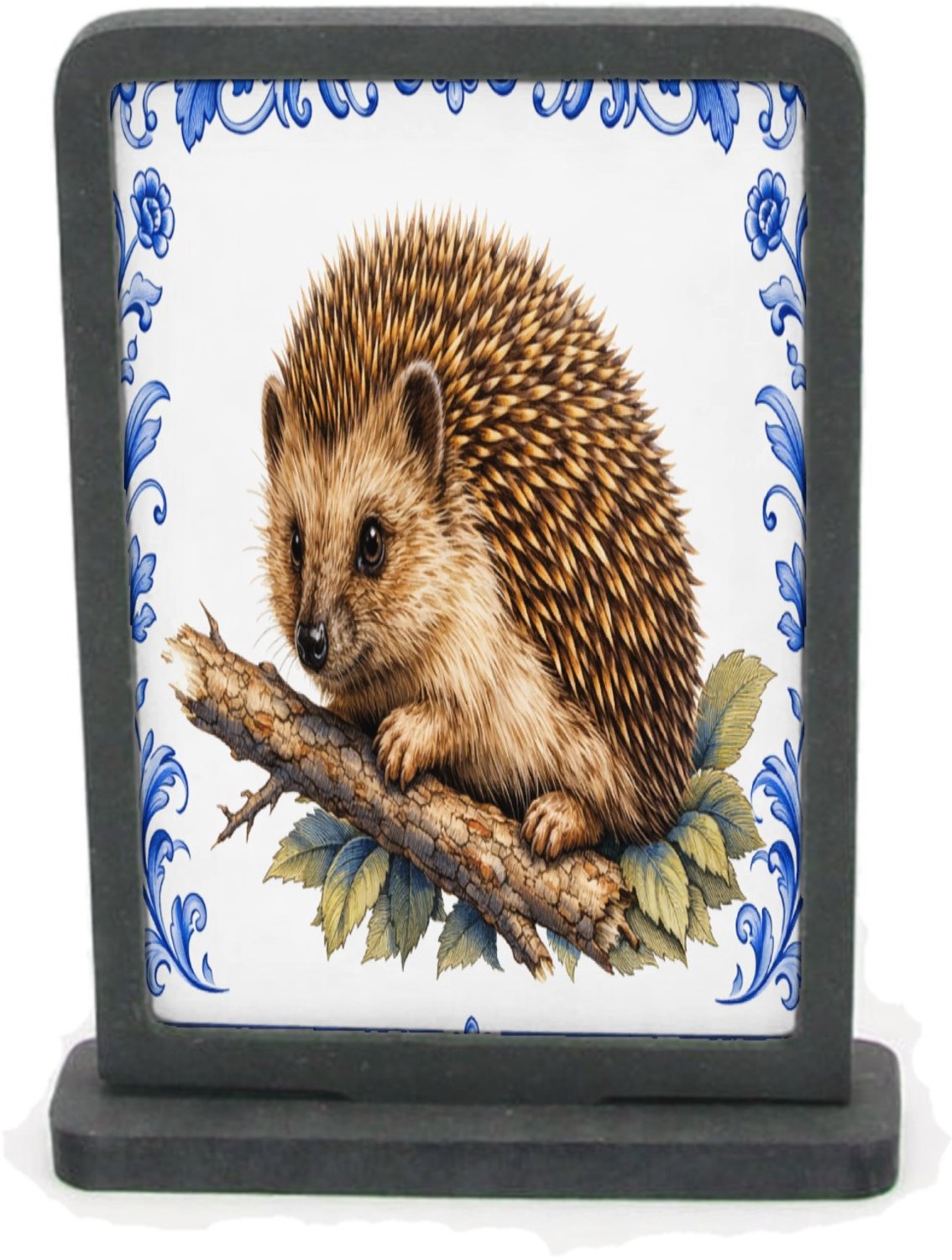Mr Cadeautjes Houten fotolijst rechthoek met MDF inleg - design Een realistische egel op een tak of tussen bladeren, omringd | cadeau Wit