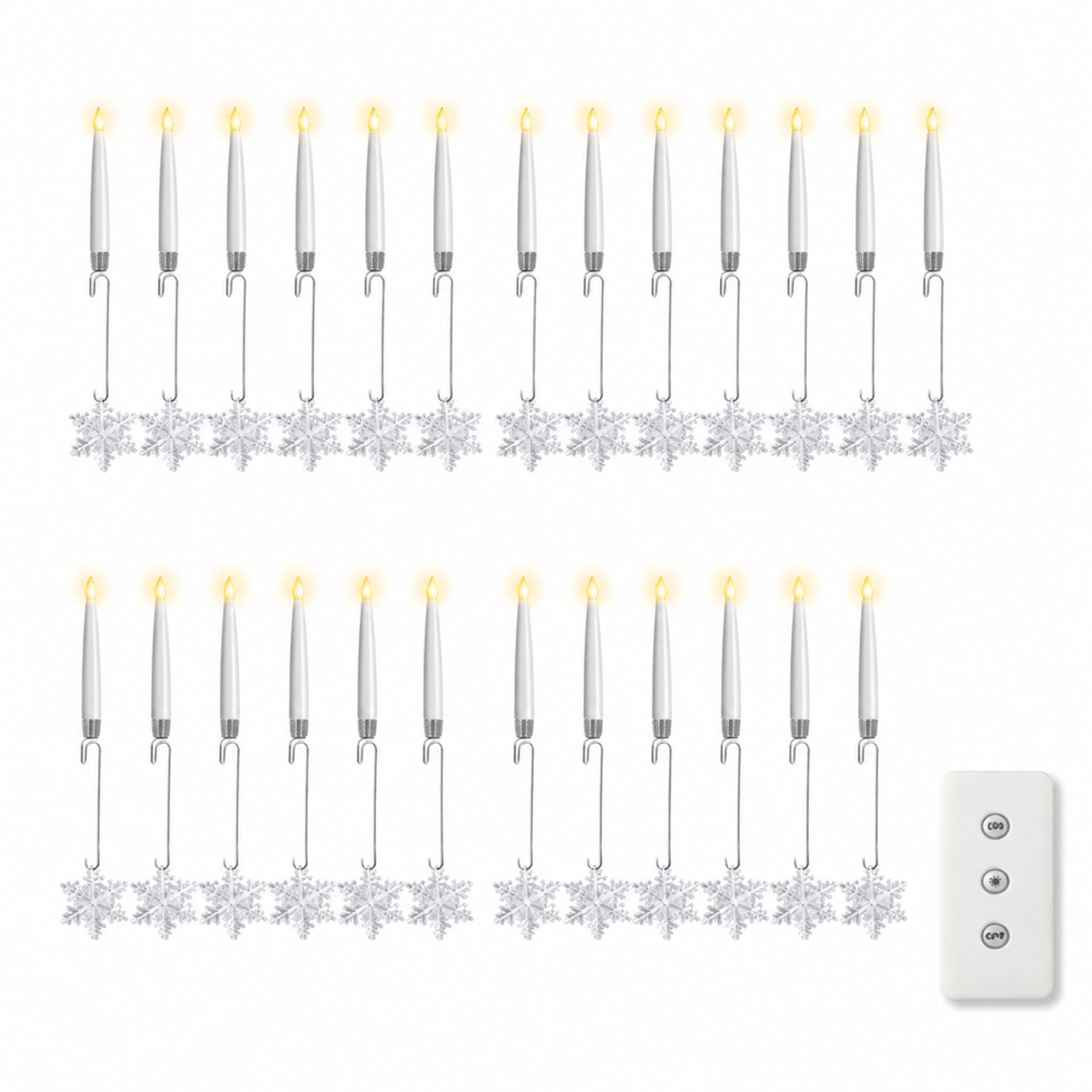 SWGOTA led kaarsen, set van 24 met sneeuwvlokhaken en afstandsbediening, warmgeel decoratief licht voor Kerstmis en feesten Wit