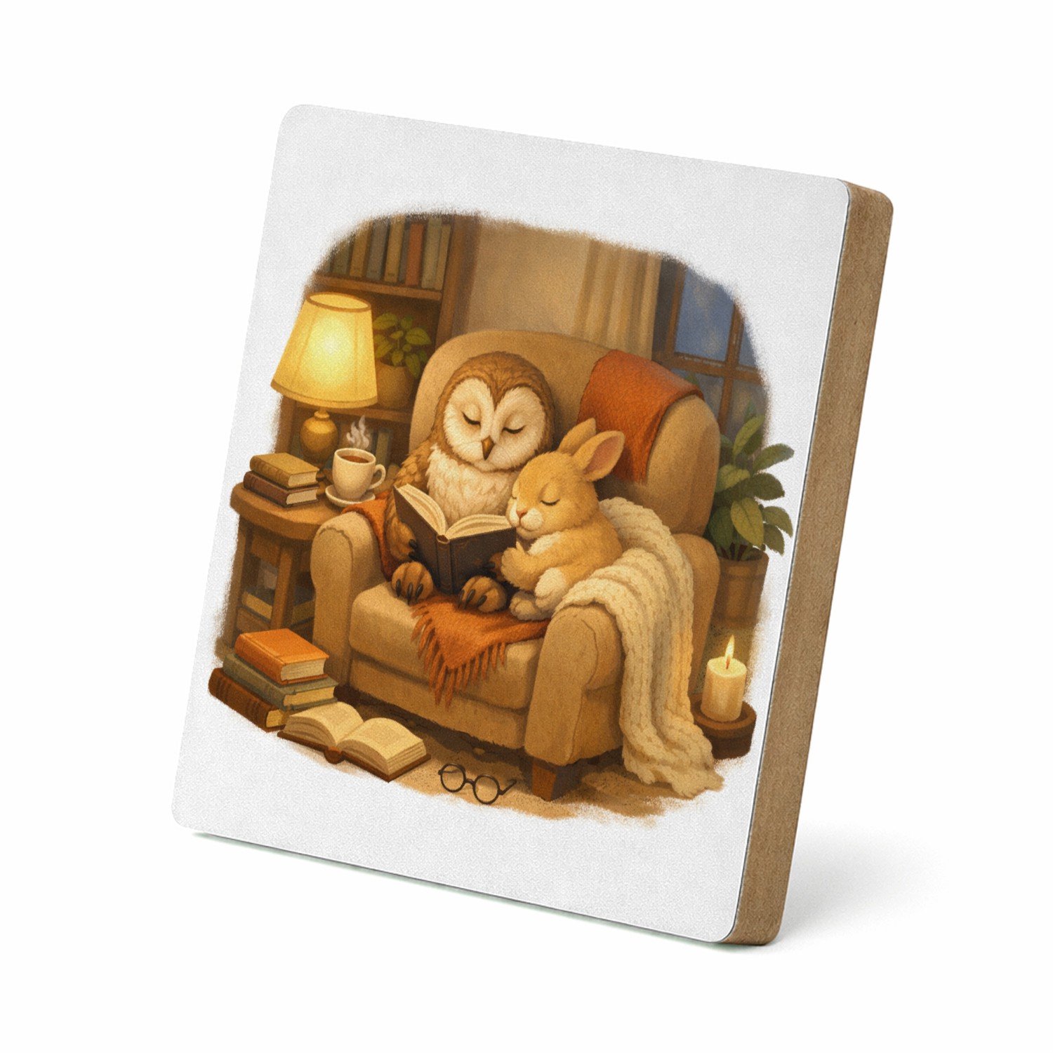 Mr Cadeautjes MDF staande fotolijst 15,2 x 15,2 - design Een stille leeshoek met een uil en een konijn op een comfort | cadeau Wit