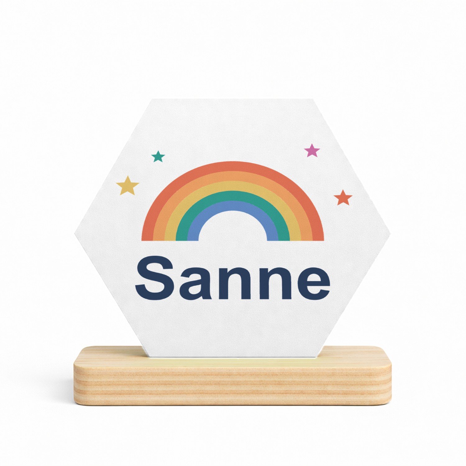 Mr Cadeautjes MDF fotolijst/inleg hexagon 14 x 13 - design Regenboog met naam Sanne | cadeau Wit
