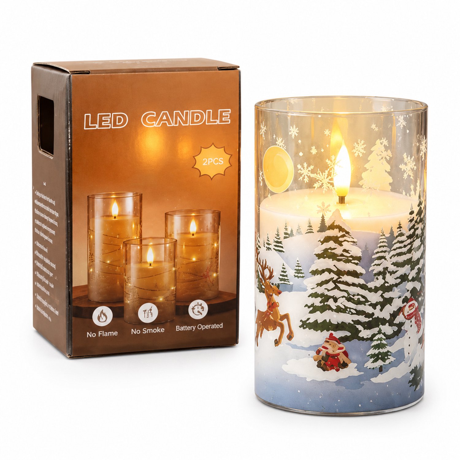 SWGOTA led kaarsen voor kerst - 1 kaars met slee en sneeuwlandschap, 7,5 x 12,5 cm, warm licht, op batterijen, batterijen niet inbegrepen Bruin