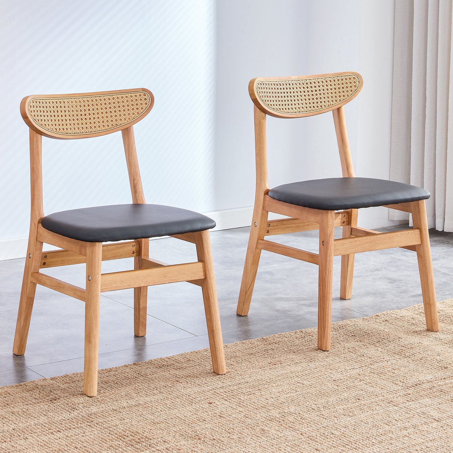 MODFU Set Van 2 Eetkamerstoelen - Rotan Rugleuning - Scandinavisch - Hout - Houtkleur Houtkleur, donkergrijs