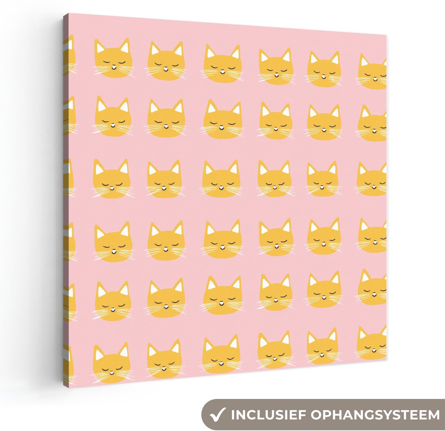 Canvas schilderij 90x90 cm - Exclusieve wanddecoratie Katten - Patroon - Roze - Muurdecoratie woonkamer - Slaapkamer decoratie - Kamer accessoires - Schilderijen op canvas