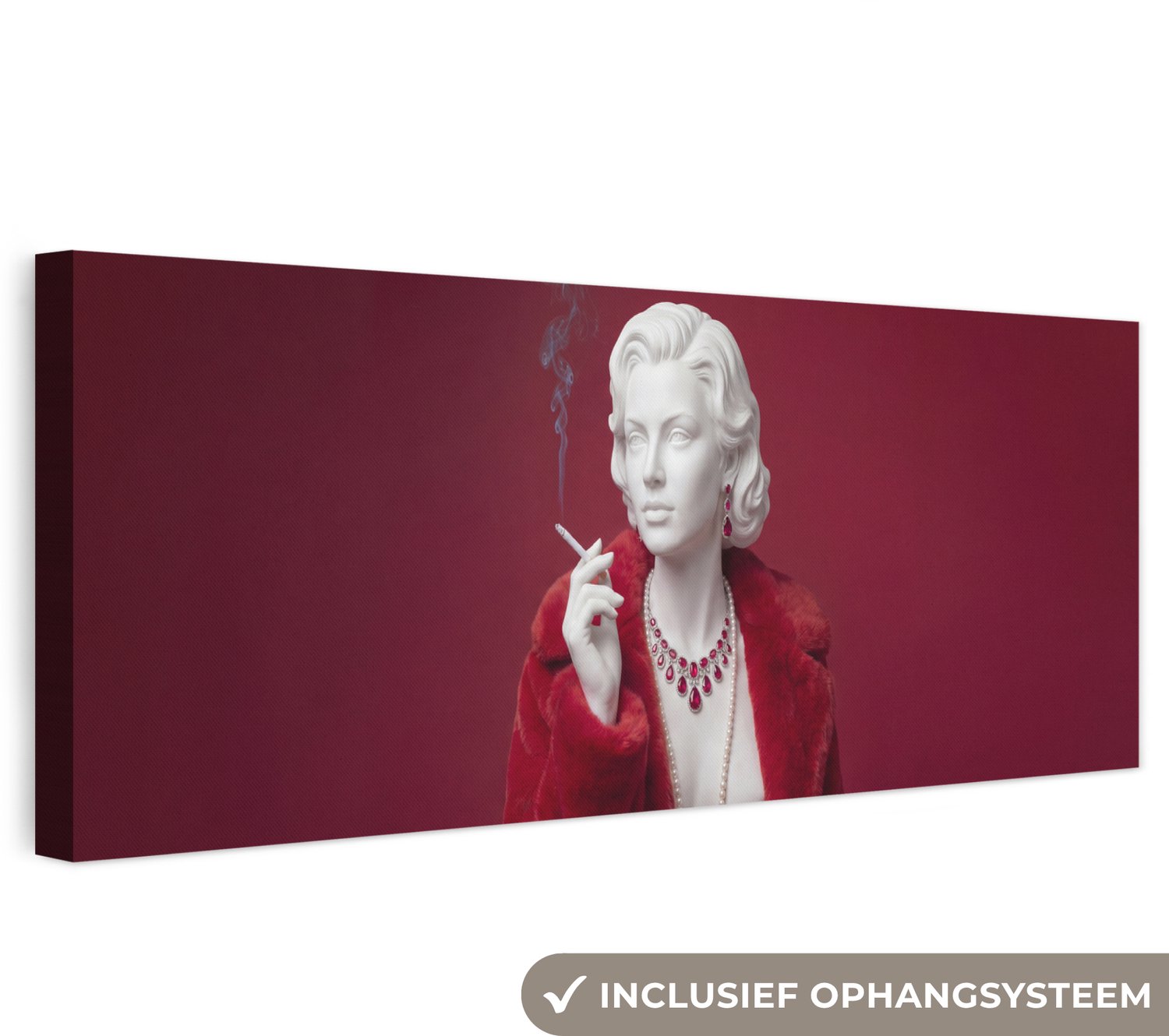 Canvas schilderij 60x20 cm - Exclusieve wanddecoratie Vrouw - Bontjas - Mode - Klassiek - Rood - Muurdecoratie woonkamer - Slaapkamer decoratie - Kamer accessoires - Schilderijen op canvas