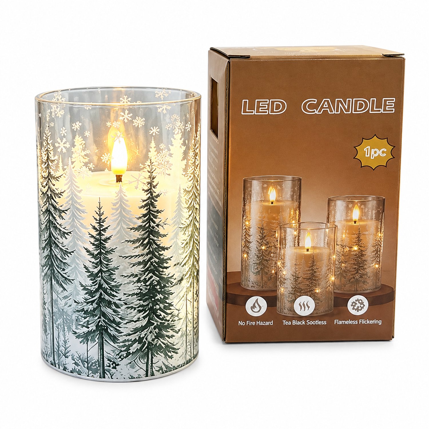 SWGOTA led kaarsen - 1 cilindervormige kaars met cederbosmotief, 7,5 x 12,5 cm, warm licht, op batterijen, met doos, zonder batterijen Groen