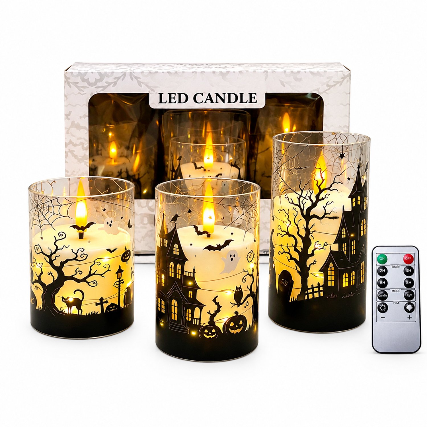 SWGOTA led kaarsen voor Halloween, set van 3 met warm licht, vlamimitatie en lichtsnoer, inclusief afstandsbediening, op batterijen, in vensterdoos Bruin