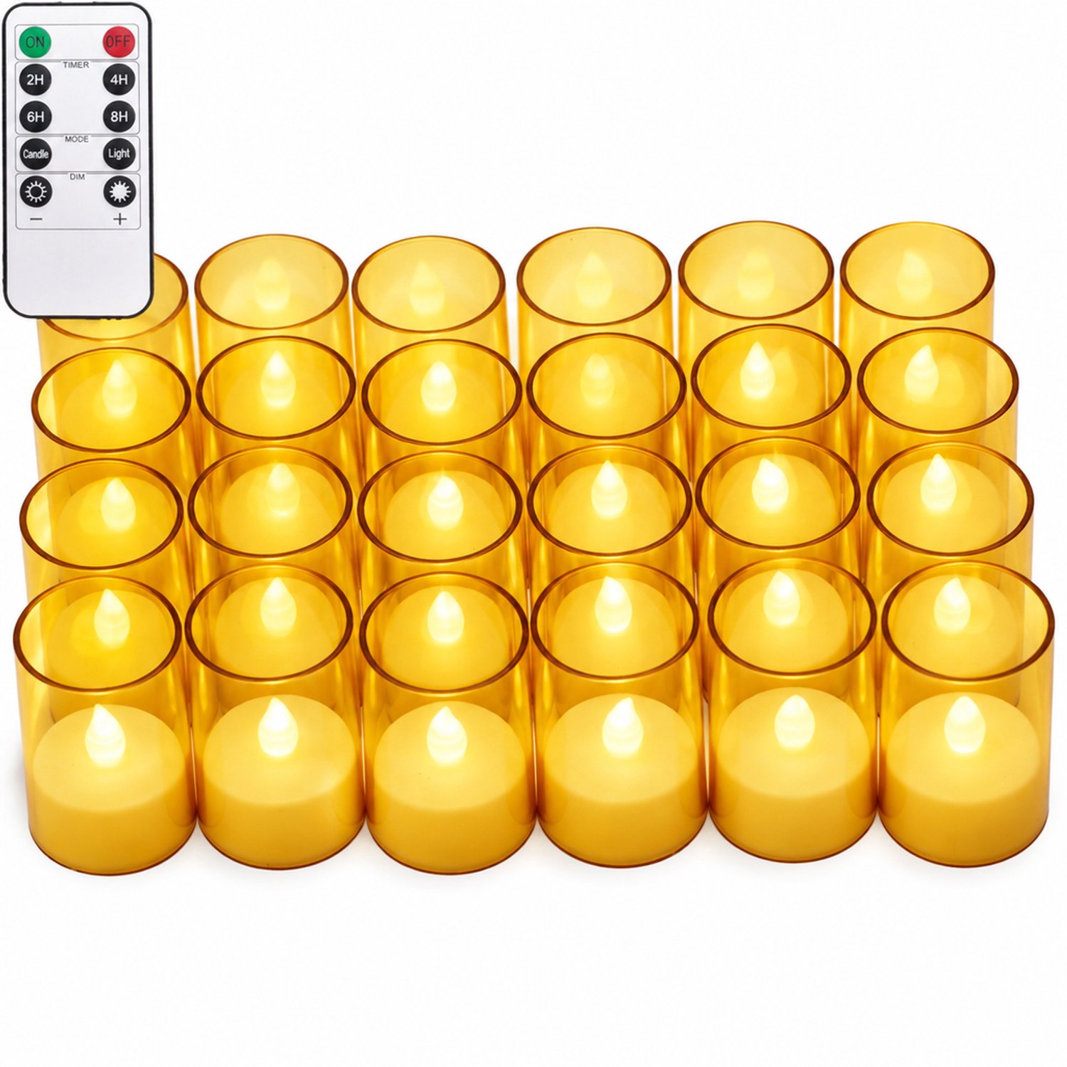 SWGOTA led kaarsen - 24 gouden theelichtjes in cilindervormige cups, met afstandsbediening, vlamvorm en warme lichtuitstraling, per doos