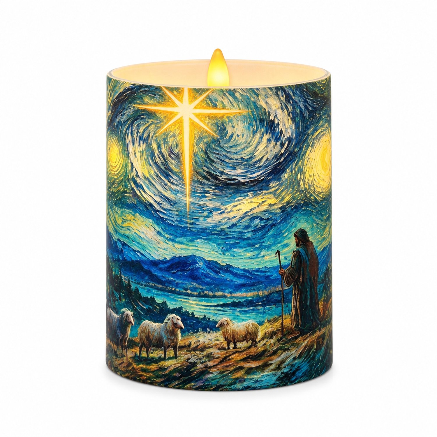 SWGOTA led kaarsen voor kerst: 1 stuk, 7,5 x 10 cm, warm licht, kunststof cilinder met sterrenhemel en herder, batterijen niet inbegrepen Meerkleurig