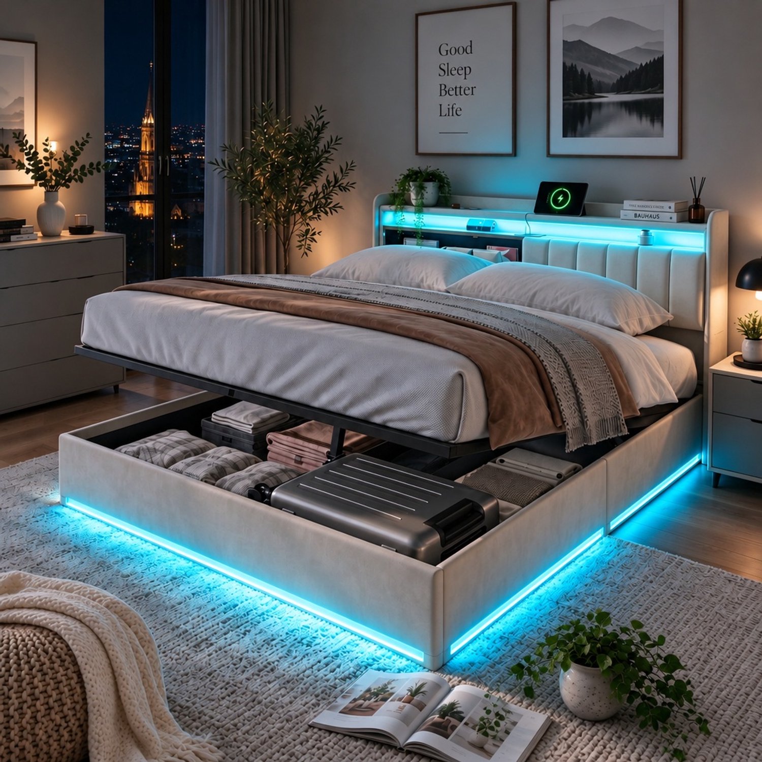 Mofor Gestoffeerd opbergbed 140x200 cm - tweepersoonsbed met RGB LED-verlichting en lattenbodem - hoofdbord met opbergplank en USB-poorten - fluwelen bekleding - beige