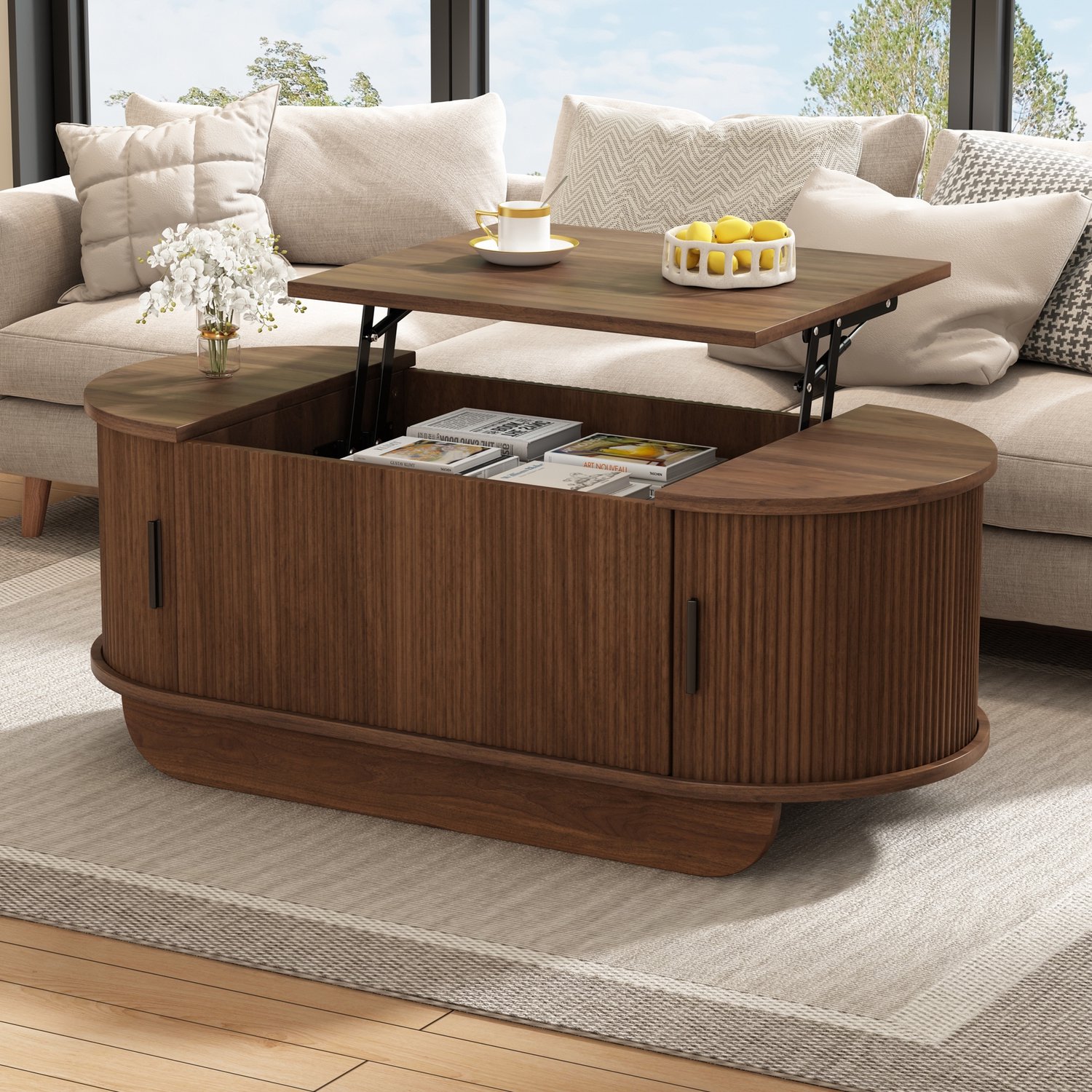Sweiko Salontafel - In hoogte verstelbaar tafelblad - Schuifdeuren - Opbergplanken - 110 × 50 × 42 cm - Walnootkleur
