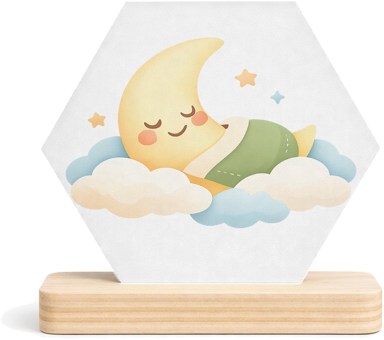 Mr Cadeautjes MDF fotolijst/inleg hexagon 14 x 13 - design Een zachte babykamer-sfeer met een slapende maan en wolkjes | cadeau Wit