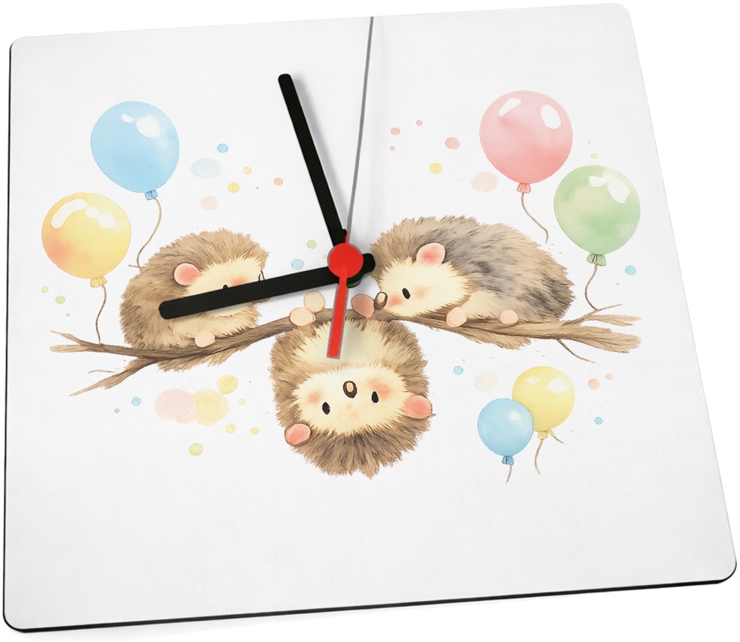 Mr Cadeautjes Klok 19 x 19 - design Een zachte aquarelillustratie van drie kleine dieren op een | cadeau Wit