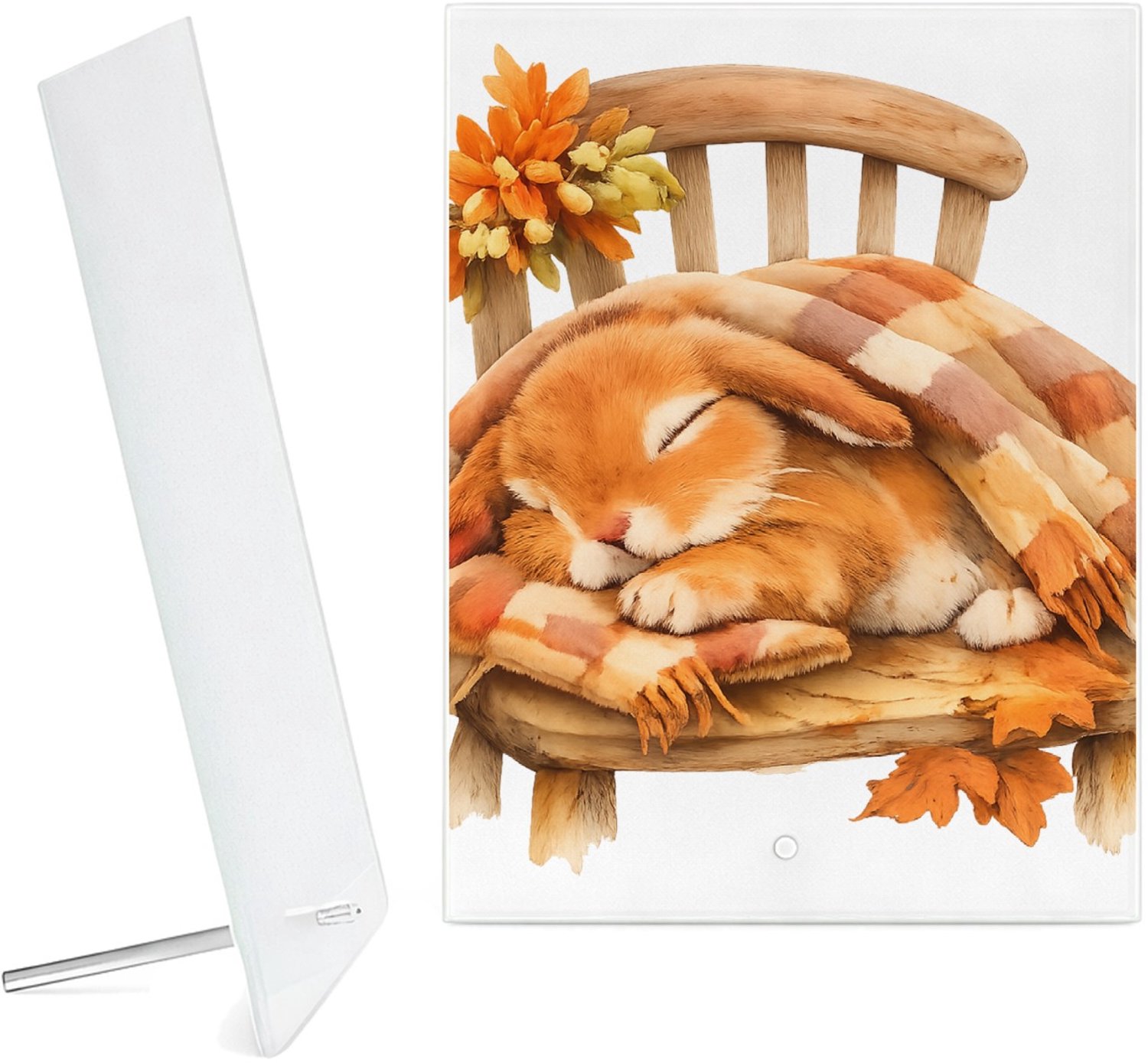 Mr Cadeautjes Glazen fotopaneel Een uitgestrekte konijnendut onder een plaid op een houten s - 15 x 20 cm, staand - glas, decoratie, wanddecoratie | cadeau Wit