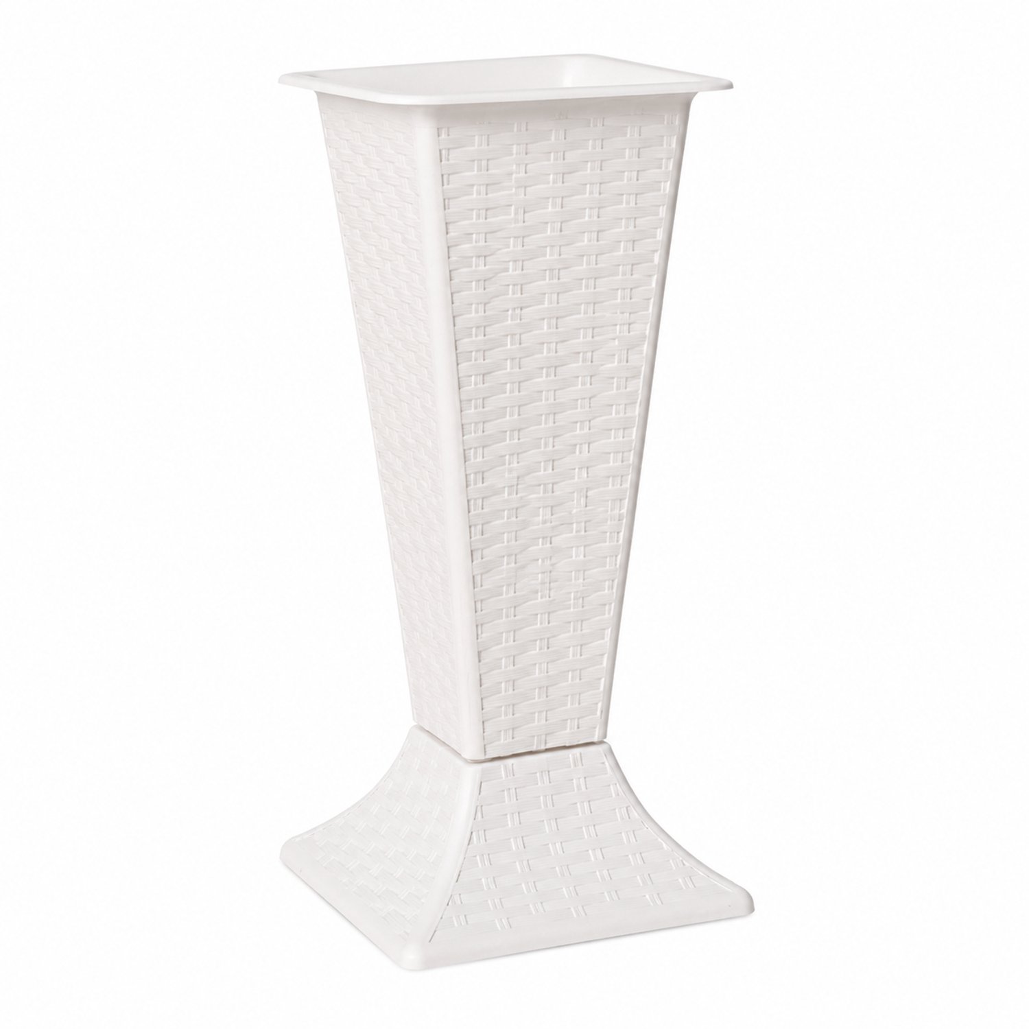 SWGOTA Witte kunststof vaas op voet met gevlochten reliëf - vierkant, bovenzijde 15,5 x 15,5 cm, hoogte 30,5 cm - voor bloemschikken en woondecoratie