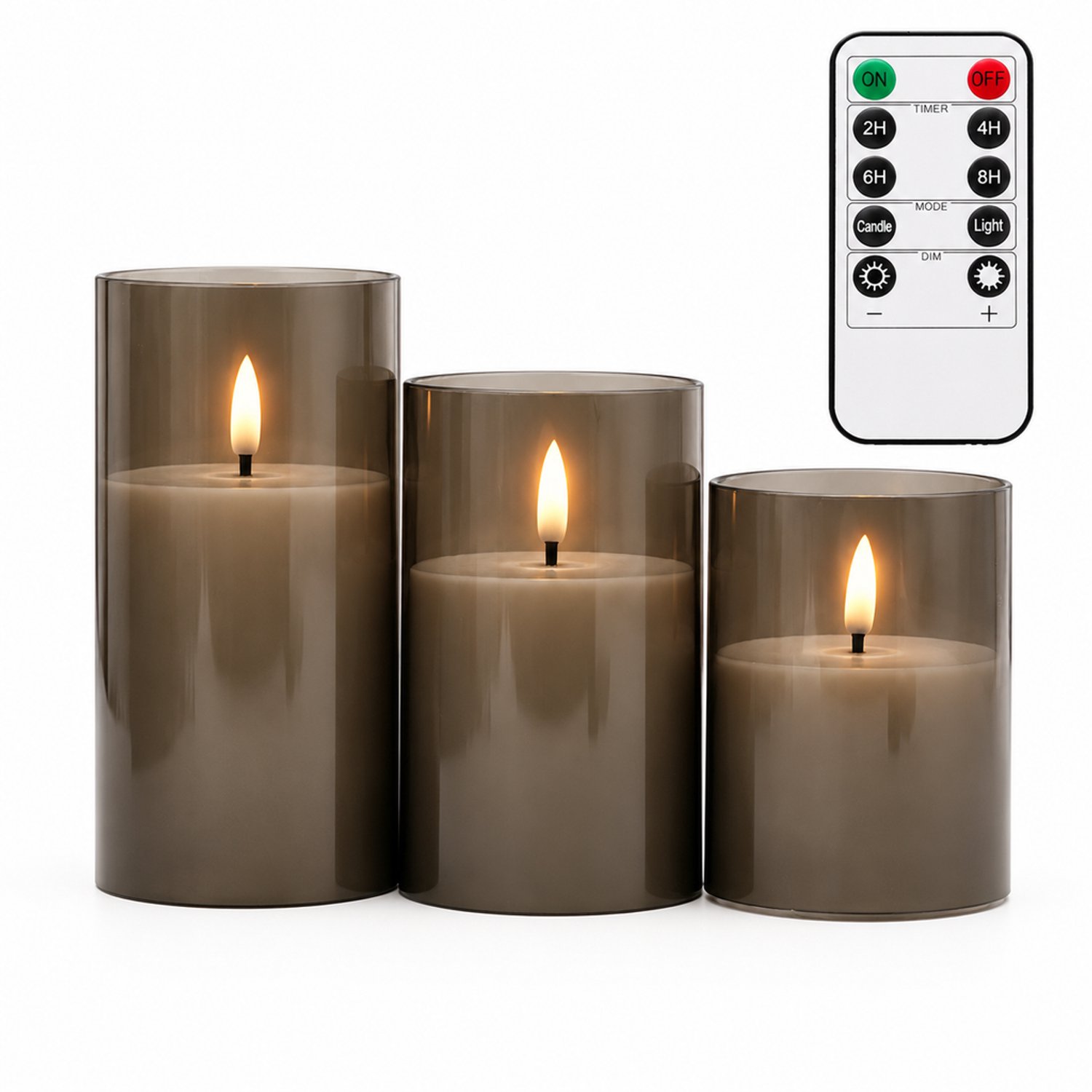 SWGOTA led kaarsen, 3 grijze kaarsen per doos met afstandsbediening, timer en dimfunctie, cilindervorm in verschillende hoogtes voor sfeerdecoratie Grijs