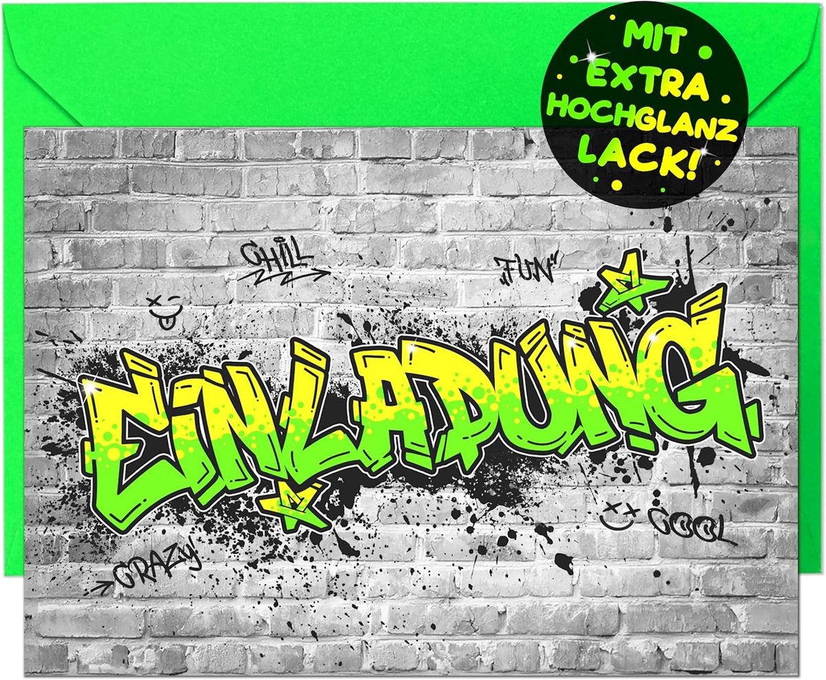 Graffiti-uitnodigingskaarten voor jongens en meisjes, 12 x enveloppen, de graffiti-feestkaarten zijn de perfecte graffiti-uitnodiging voor jongens, meisjes, kinderen, verjaardagsfeest