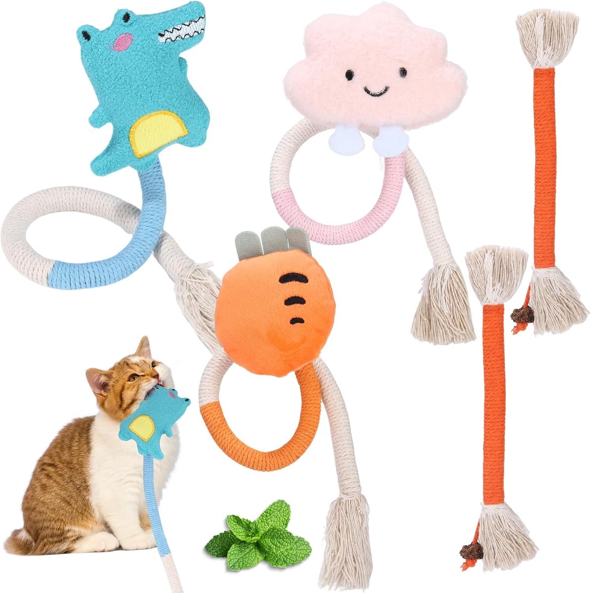 5 stuks kattenspeelgoed, kattenbijttouw met kattenkruid, kattenspeelgoed, zelfbezigheid, tandverzorging, speelgoed voor katten tegen slechte adem, tandspeelgoed van katoenen touw