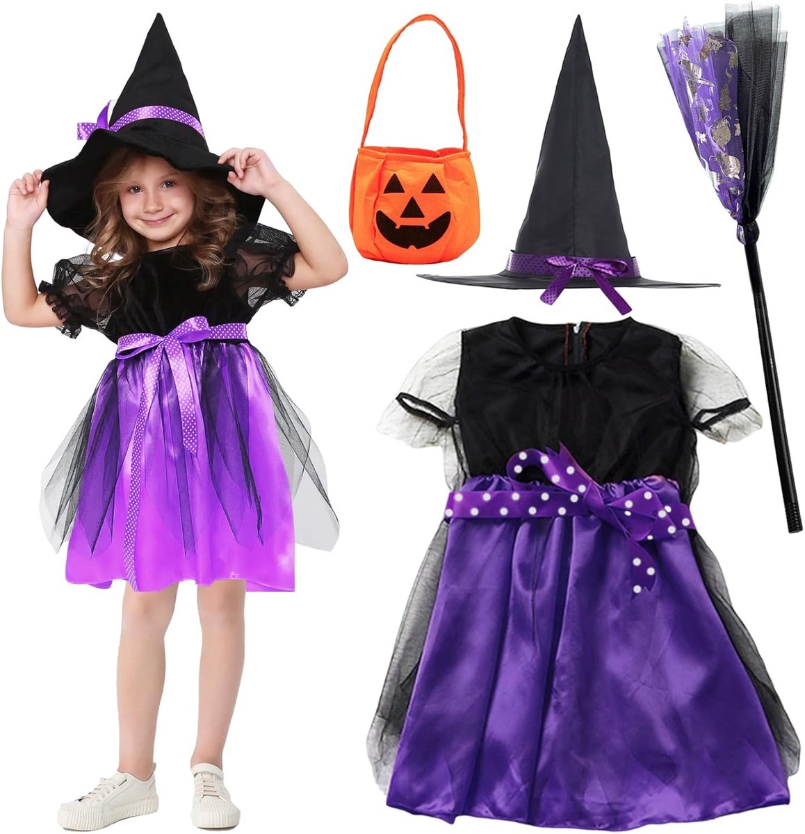 Halloween-kostuum voor kinderen, heksenkostuum, Halloween, meisjes, tule rok, pompoenkostuum met muts en bezem, voor cosplay, Halloween, carnavalsfeest