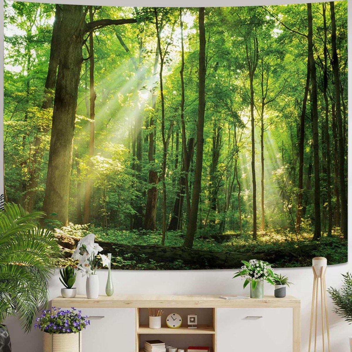 Wandtapijt Wandtapijt, Wandtapijt Bos Wanddoek Groen Boom Zonsopgang Wandtapijt Jungle Decoratie Woonkamer Wandbehang Groot 260 x 240 cm