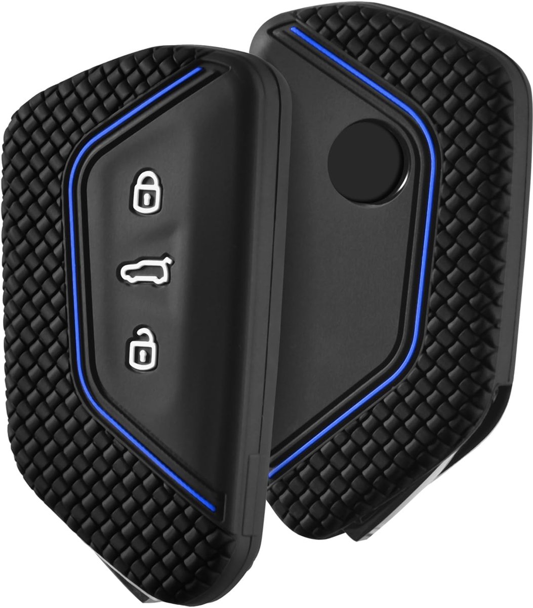 Autosleutelhoes voor VW, sleutelhoes compatibel met Golf 8, Seat Leon MK 4, VW ID.3, Tarraco Ateca, Skoda Octavia Cupra, siliconen, cover, sleutelhoes, etui, beschermhoes (blauwe lijn)
