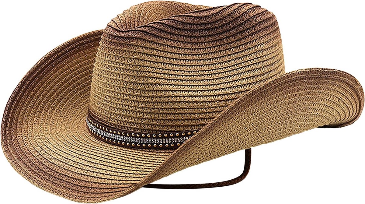 Cowboyhoed voor dames en heren, westernhoed, panamahoed, zonnehoed, strandhoed, modehoed, cowgirl, cowboyhoed, westernse leren band voor volwassenen, bruin-b, Eén maat