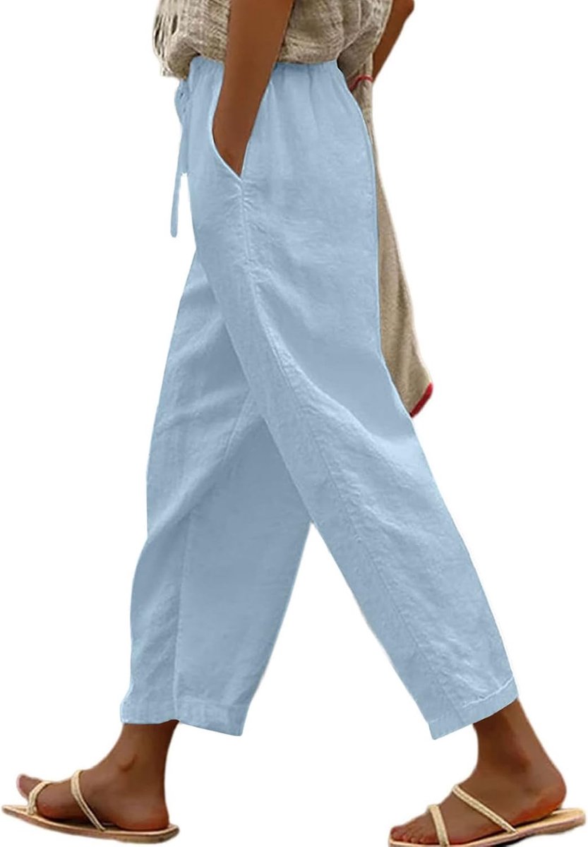 Linnen broek dames zomer 7/8 brede zomerbroek licht losse broek casual stoffen broek katoen linnen broek dames luchtige strandbroek met zakken trekkoord linnen broek vrijetijdsbroek