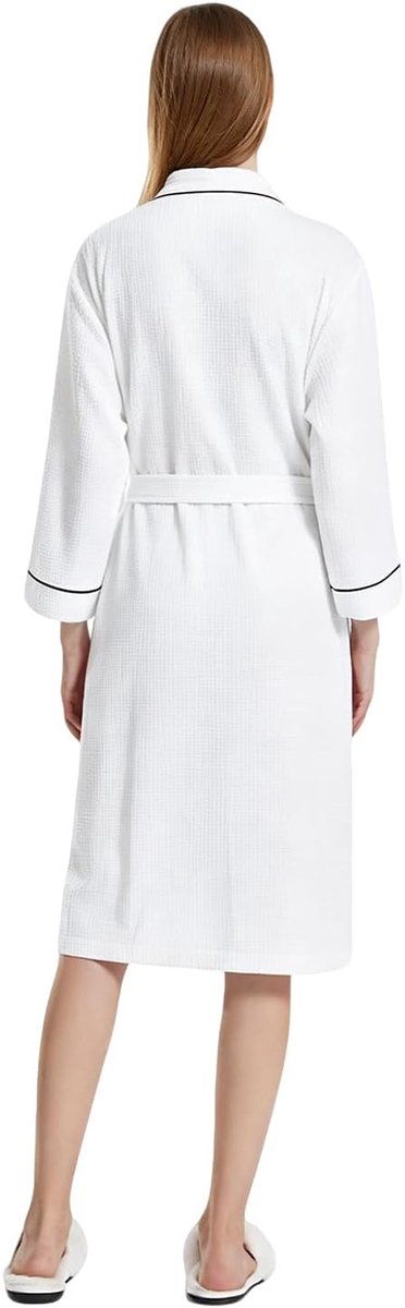 Badjas, katoen, dames en heren, wafelpiqué, ochtendjas, licht, behaaglijk, kimono, huisjas, lang, voor spa, huis en hotel — afbeelding 3