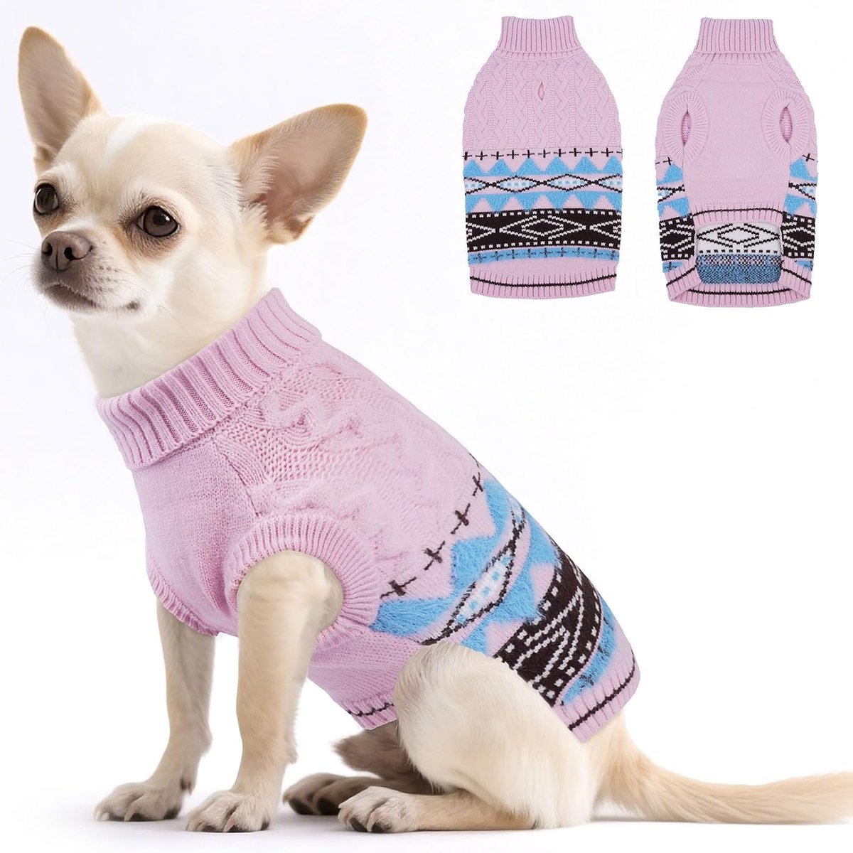 Hondentrui voor kleine honden, Fair Isle pullover voor hond met tuigopening, warme kersttrui, elastische hondentrui, wintersweater voor Malteser dwergpoedel, roze, S
