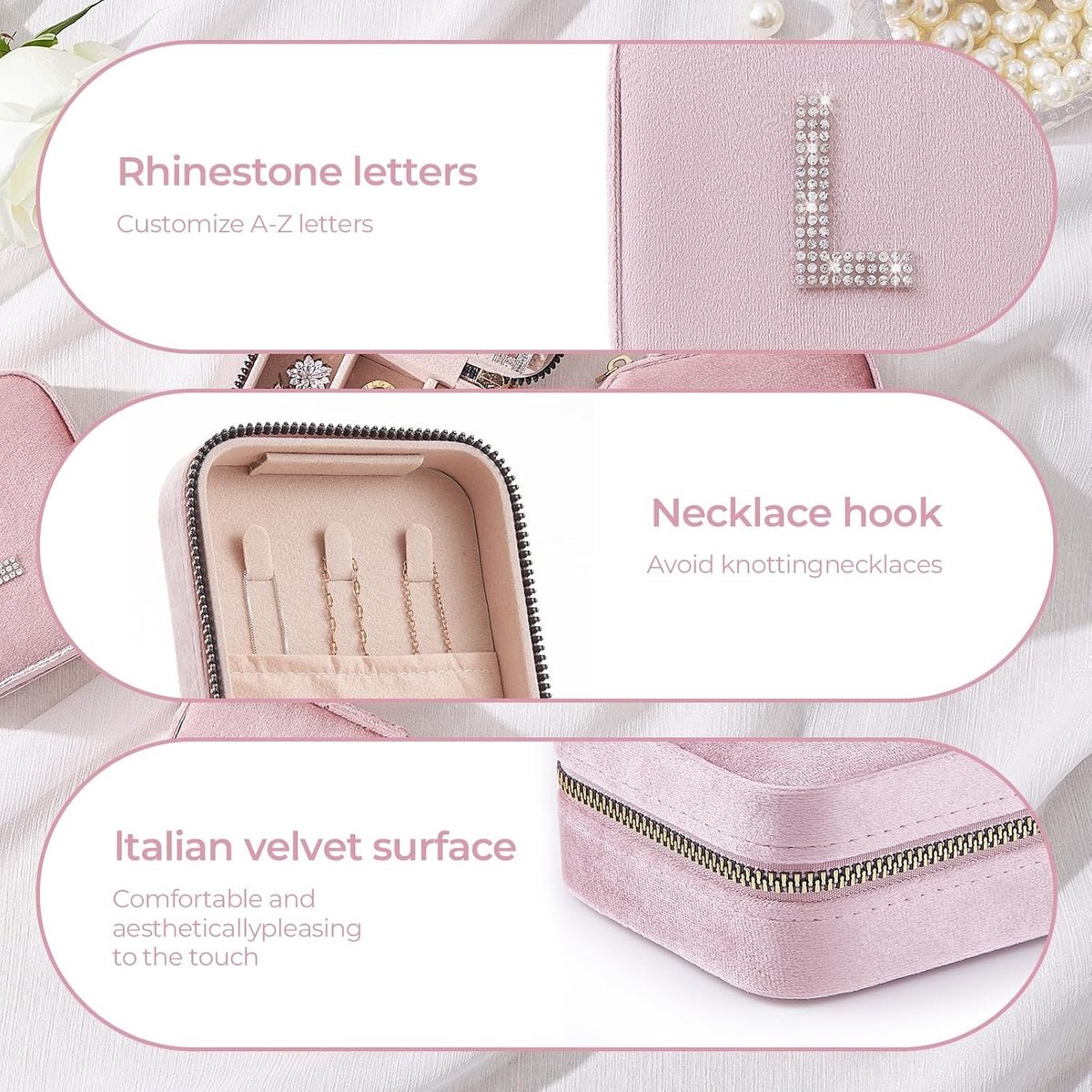 Reis sieraden organizer - Roze - 10 x 10 x 5,5 cm - Fluwelen sieradendoosje - Voor ringen, oorbellen en kettingen