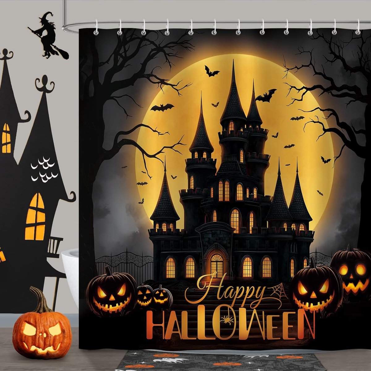 Douchegordijn, 180 x 180 cm, Halloween, vleermuis, pompoenlantaarn, kasteel, douchegordijnen, anti-schimmel, waterdicht, polyester, badgordijn met 12 douchegordijnringen