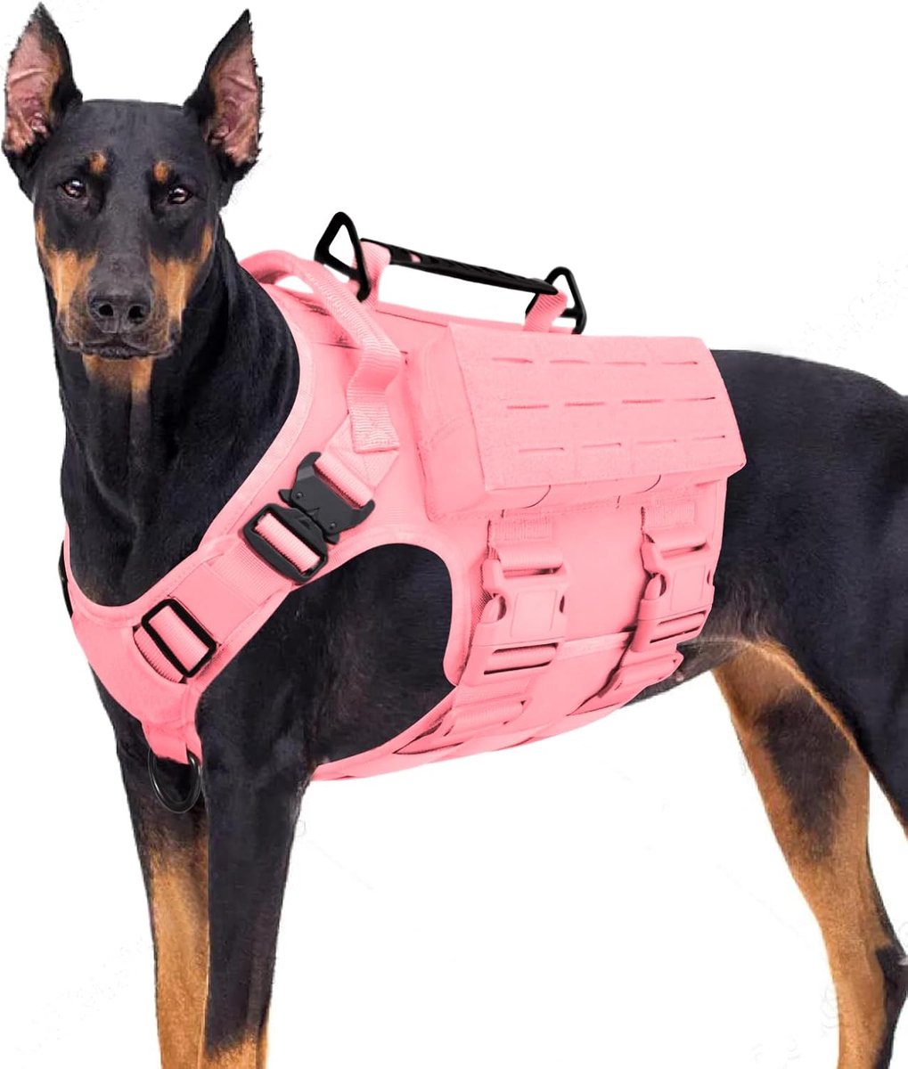tactische hondenriem met handvat, 2x metalen gesp, gegoten hondenvest met zak, verstelbare hondenvest riem zonder tractie (Roze, XL)