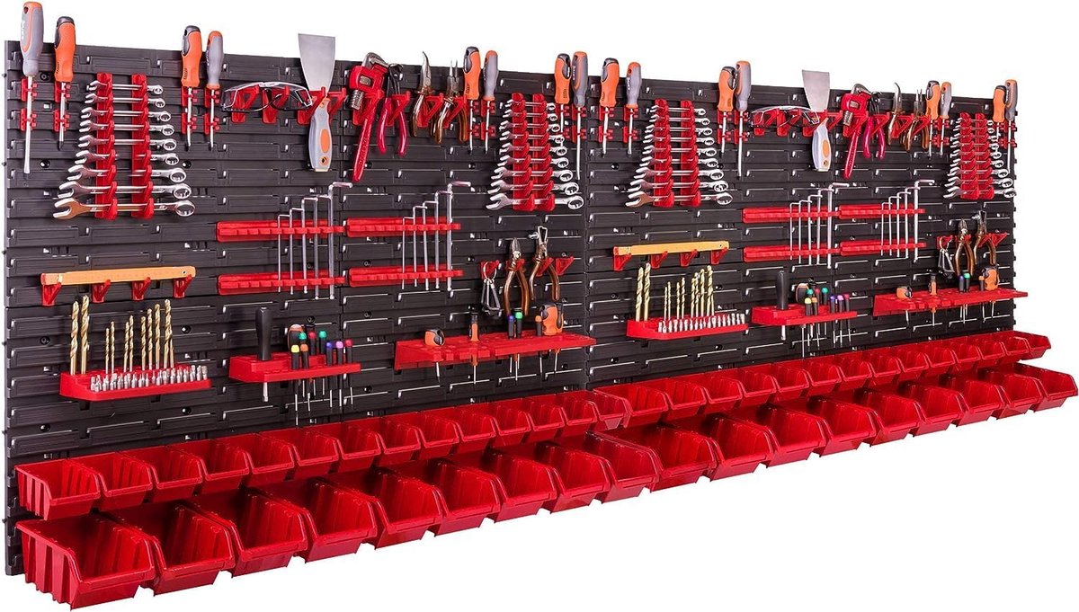 Wandrek 230 x 78 cm, met gereedschapshouders, 46 stuks Stapelbakken, opslagrek, extra sterke wandplaten, uitbreidbaar rek, werkplaatsrek, opslagbakken, wandrek voor werkplaatsen.