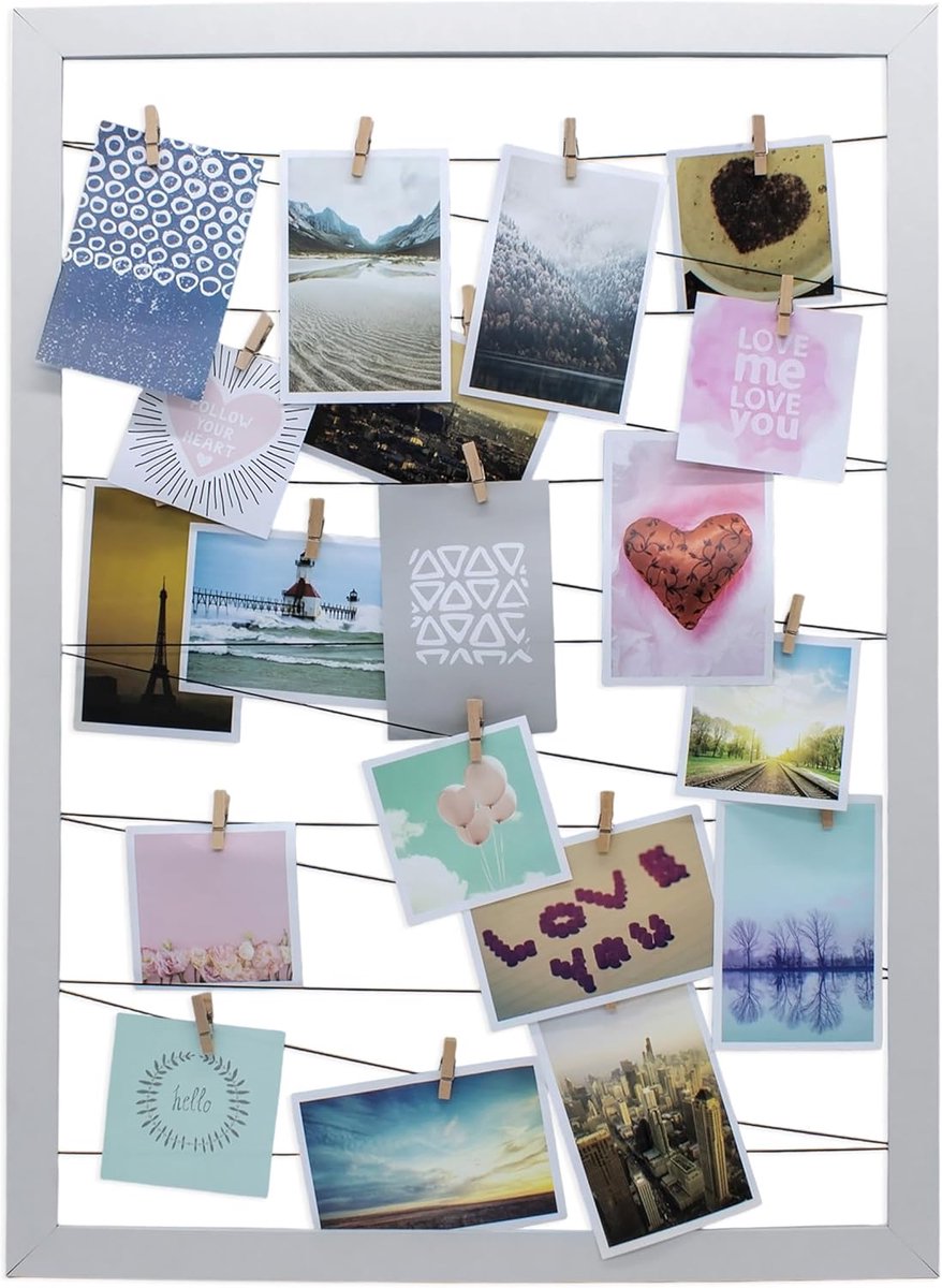 Fotohouder 75 x 55 cm Wit - Koord met 20 Houten Knijpers - Fotolijst Schilderijlijst Galerij