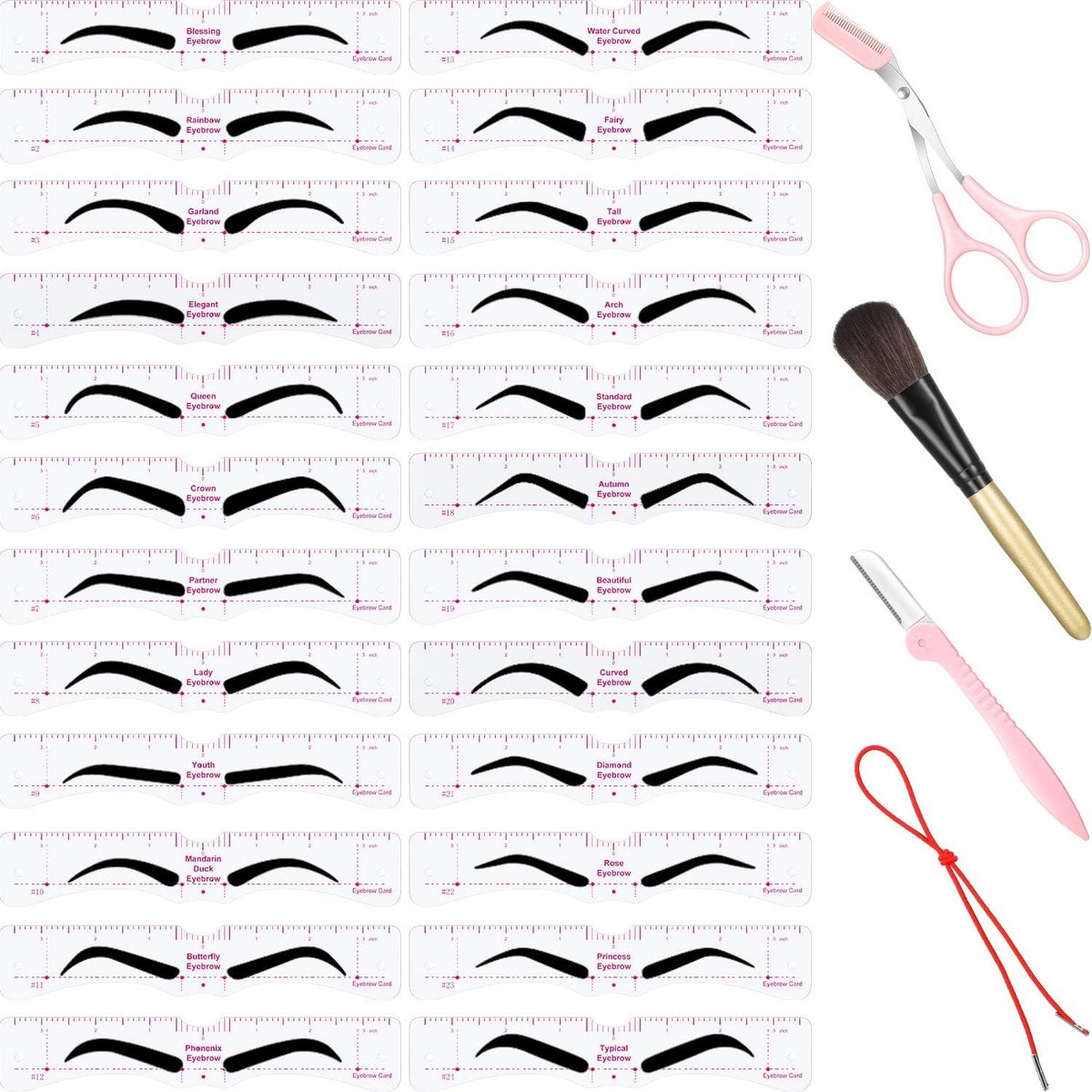 Set van 29 wenkbrauwsjablonen met 24 herbruikbare sjablonen, scheermes, trimmer, schaar, make-upkwast en opbergdoos voor perfecte wenkbrauwen