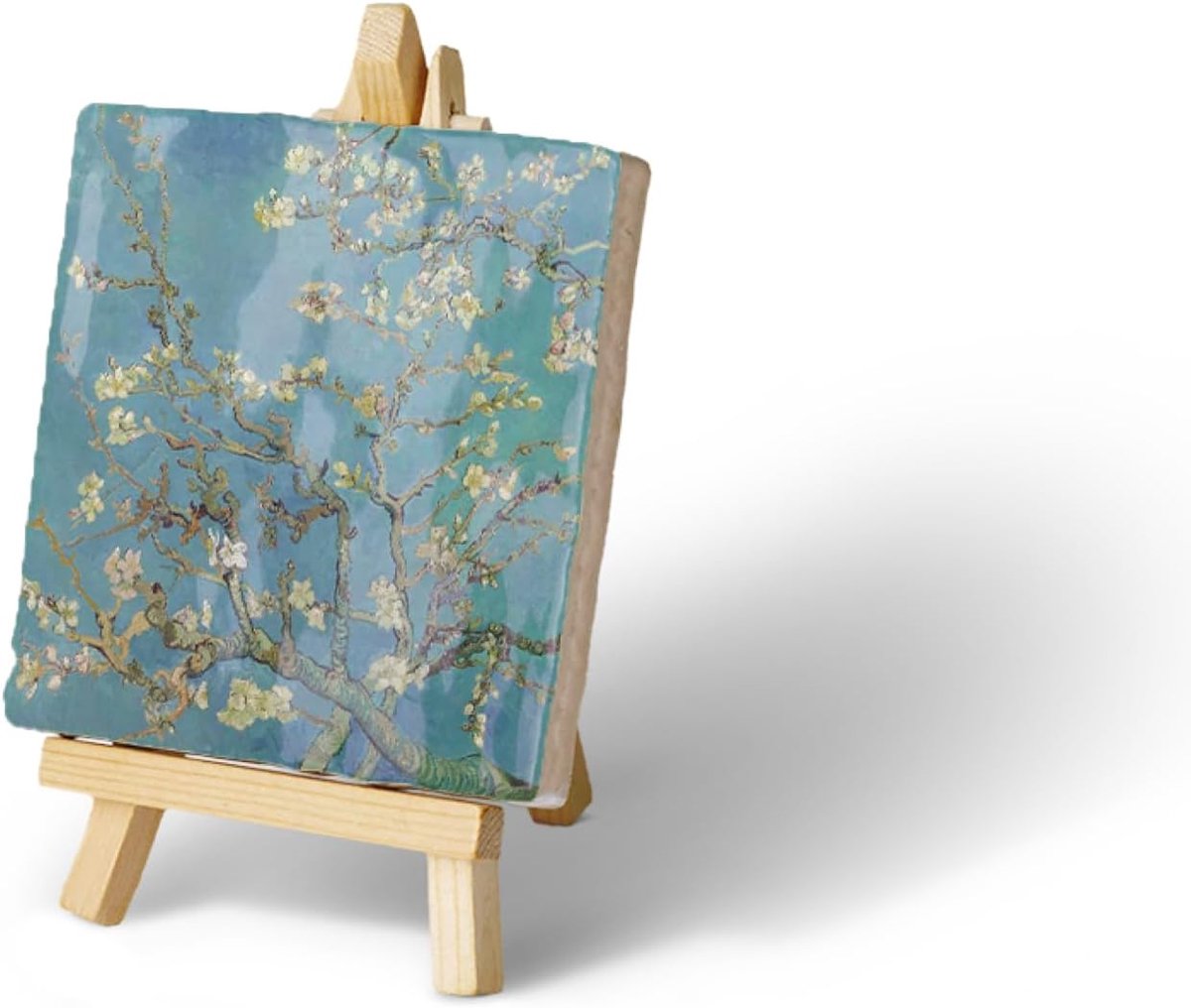 Handgemaakt Keramiek met Houten Schildersezel | 10 x 10 x 13,5cm | Duurzame Kunst Decoratie Voor in Huis | Traditionele Nederlandse tegel (Vincent van Goghs Almond Blossom)