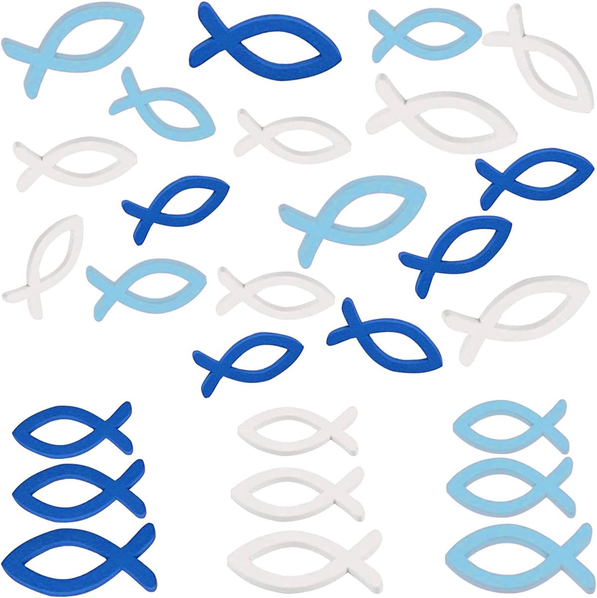 visdecoratie, 132 stuks, strooidecoratie, tafeldecoratie voor doop, communie en vormsel (donkerblauw, hemelsblauw en wit)