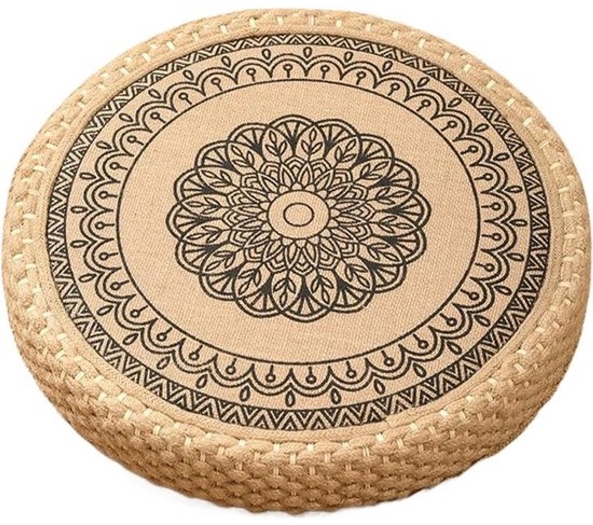 Meditatiekussen Rond - Zitmat Yoga - Meditatie en Ontspanning - Handgeweven Jute - 40 cm Diameter - Zwart