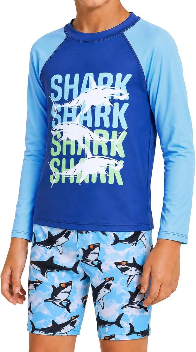 Badpak voor jongens, lange mouwen, badmode, boardshorts, sneldrogend badshirt, kinderbadpak, set voor jongens van 3-12 jaar