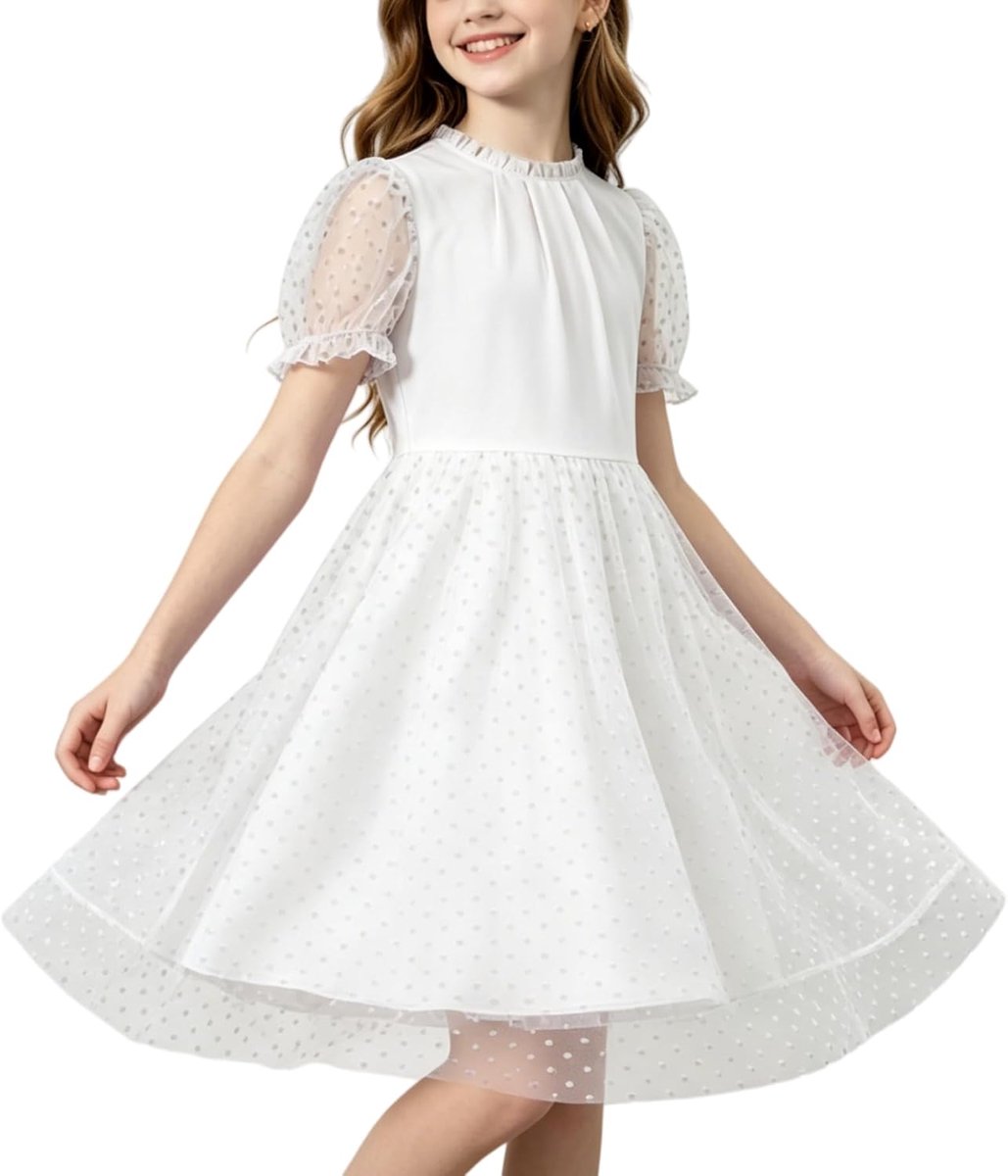 Meisjesjurk met korte pofmouwen, ruches, ronde hals, netstof en tule, elegante prinsessenjurken voor feestjes, eindexamenfeesten, bruiloften en verjaardagen