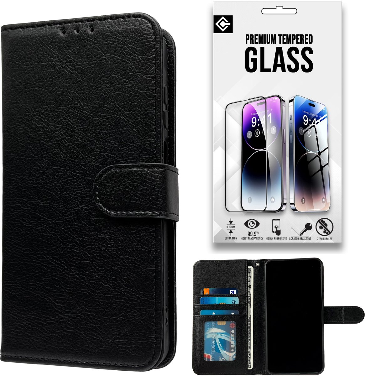 Casemania Hoesje en Glas Geschikt voor Apple iPhone 18 Pro Max - Zwart - Luxe Portemonnee Book Case met Pasjeshouder - Wallet Case Telefoonhoesje - 1x Tempered Glazen Screenprotector