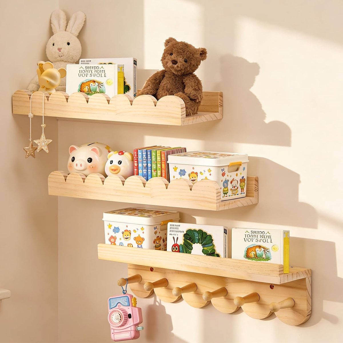 Set van 3 etages Murales voor volwassenen, 3 tabletten met haakjes, 40 cm groot, Montessori voor champagne, salon, ideaal voor livres en decoratie