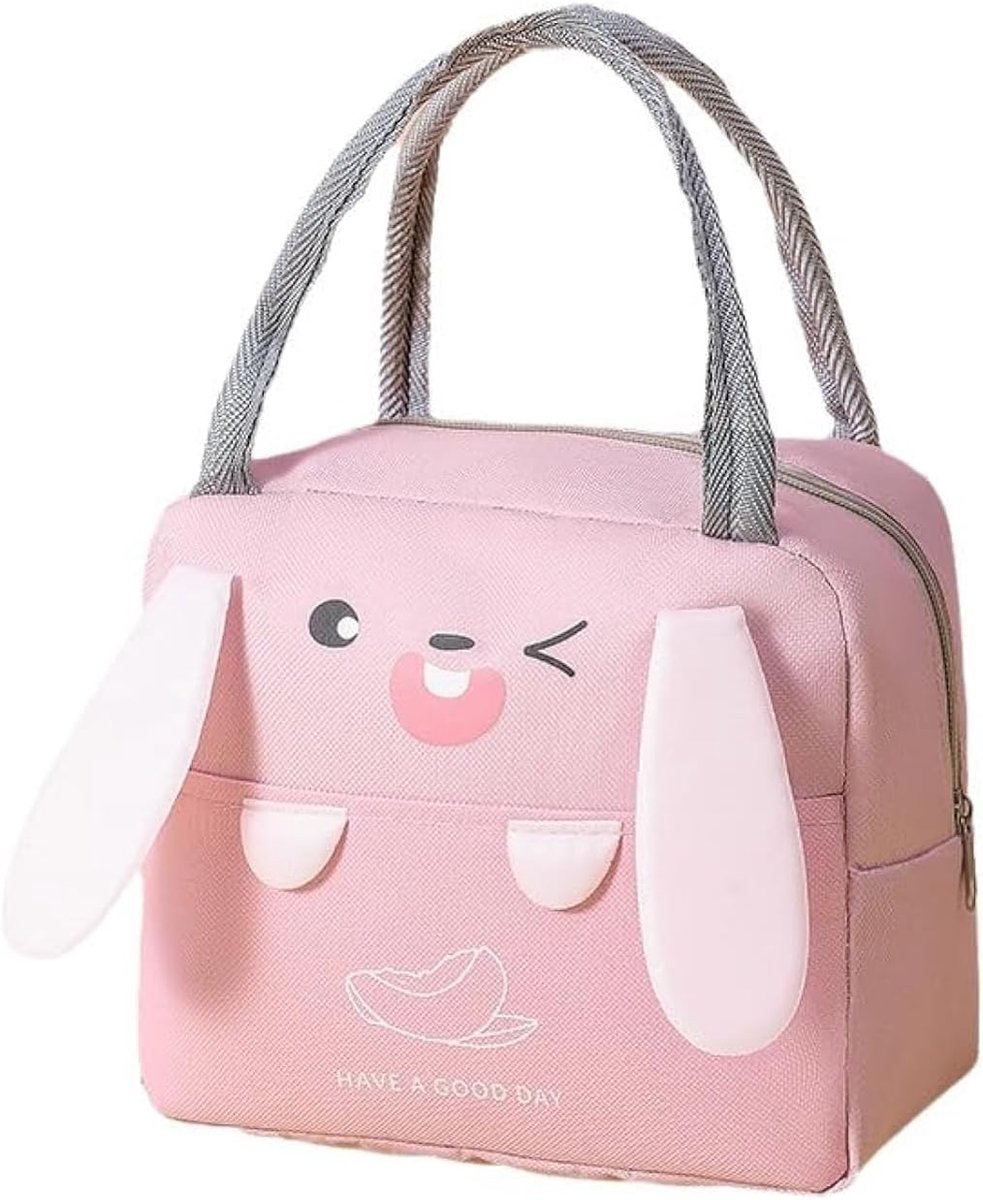 Lunchtas, leuke geïsoleerde herbruikbare lunchkoeltassen, waterdichte opvouwbare lunchtas voor vrouwen, mannen, kinderen en studenten, reizen, picknick, school (Roze Oren Bier)