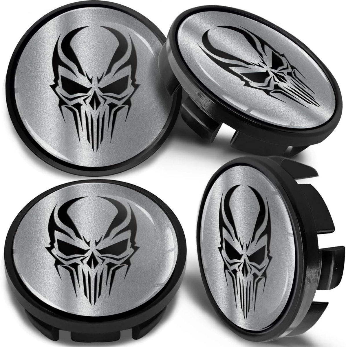 4 x 65mm wielnaafdoppen velgdoppen naafdop, compatibel met VW 3B7 601 171 / 6U7 601 171 wieldoppen, velgendeksel Schedel Zilver Zwart CV 67