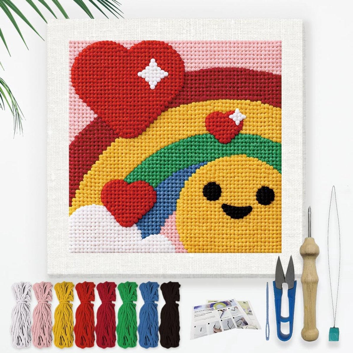 Leuke Regenboog Naald Kit voor Beginner, 24x24cm Rood Hart Punch Stiksels Craft Set, DIY Borduurwerk Starter met Gedrukt Frame, Instructie, Threader, Garen, Knijpnaald