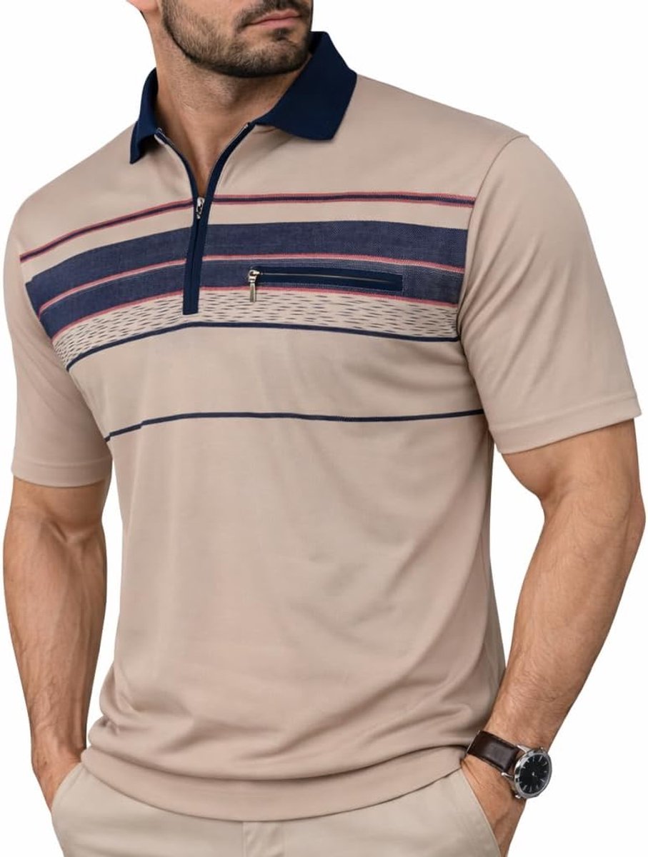 Poloshirts voor heren, korte mouwen, gestreepte poloshirts met borstzak, blousonshirts van katoenmix (M tot 3XL)