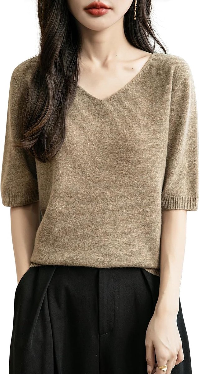 Dames V-hals 100% merinowol lente herfst winter eerste lijn klaar om te dragen zachte warme gebreide trui korte mouwen pullover