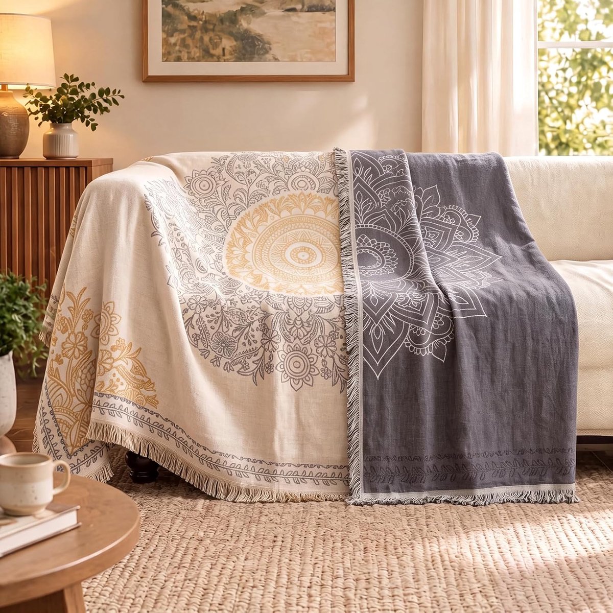 100% katoen, dubbelzijdige mousseline sprei met franjes, zachte en ademende bankdeken, voor woonkamer en slaapkamer, het hele jaar door (beige - gele bloemen, 150 x 200 cm)